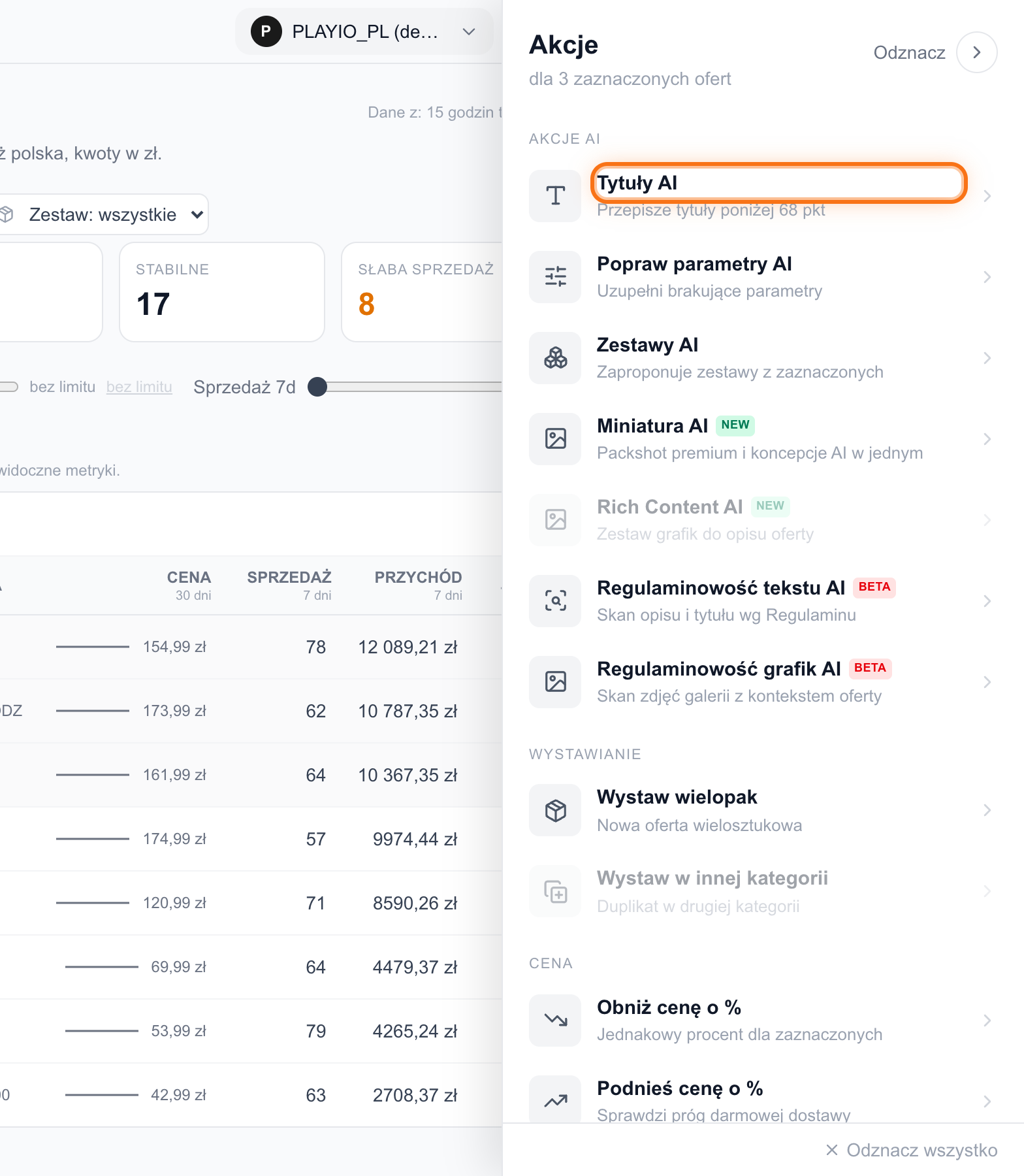 Panel akcji na liście segmentu z sekcjami akcji AI, wystawiania i cen