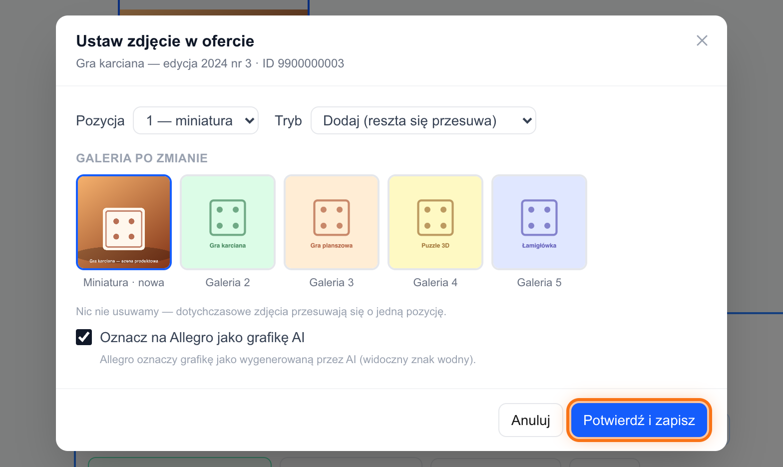 Okno „Ustaw zdjęcie w ofercie” z podglądem galerii po zmianie