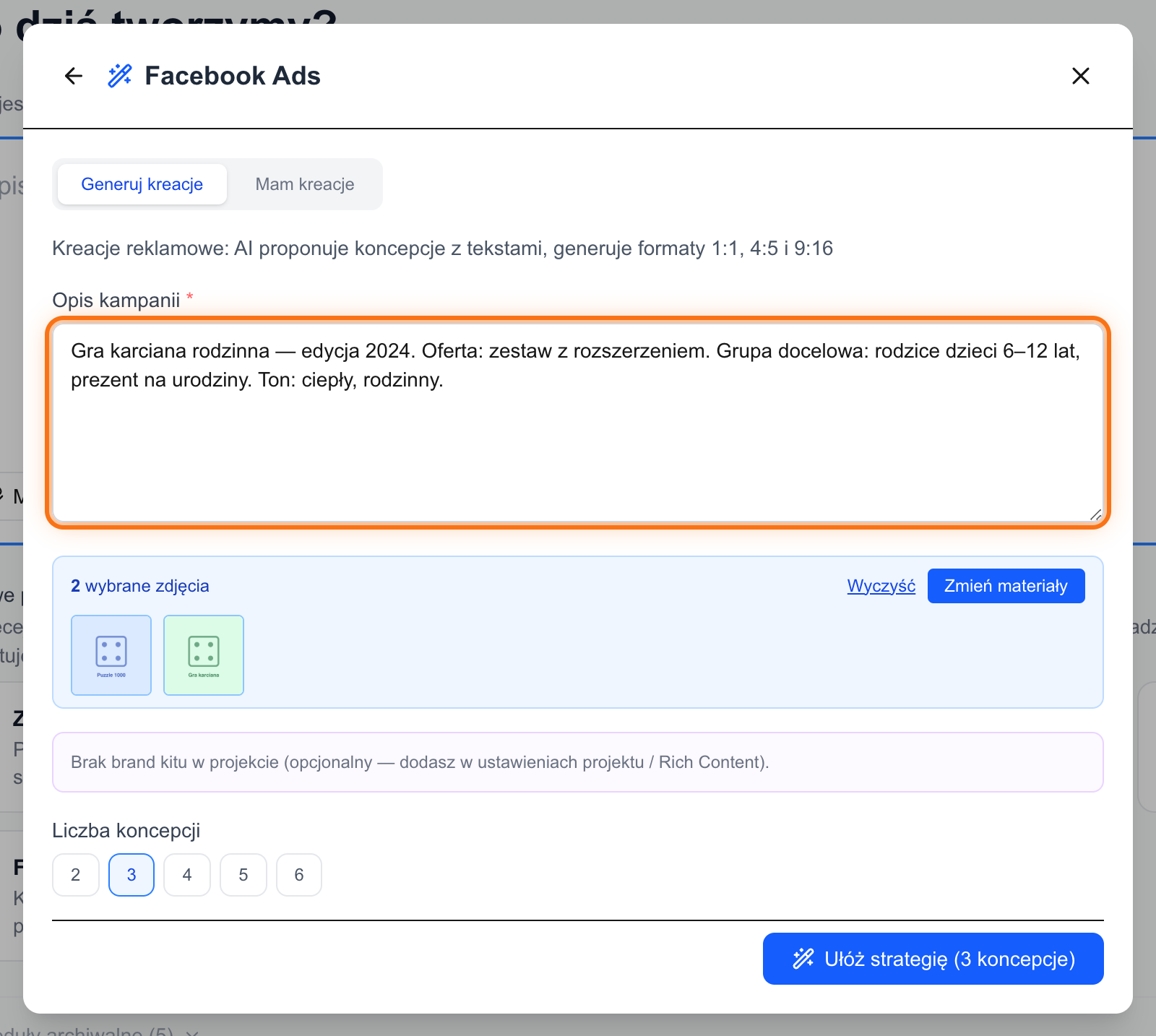 Brief kampanii Facebook Ads: opis kampanii, materiały produktu i liczba koncepcji
