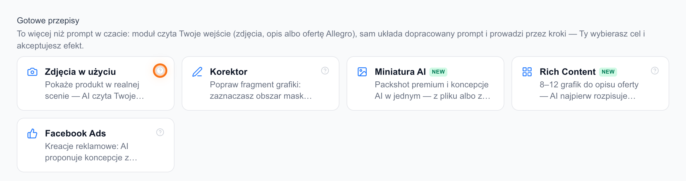 Kafle „Gotowe przepisy” w Grafiku: Zdjęcia w użyciu, Korektor, Miniatura AI i Rich Content