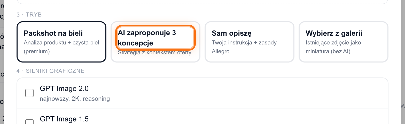 Wybór trybu pracy Miniatury AI: koncepcje AI, własny opis lub galeria