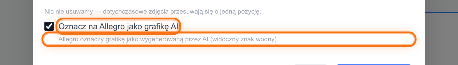 Checkbox „Oznacz na Allegro jako grafikę AI” w oknie wstawiania grafiki do oferty