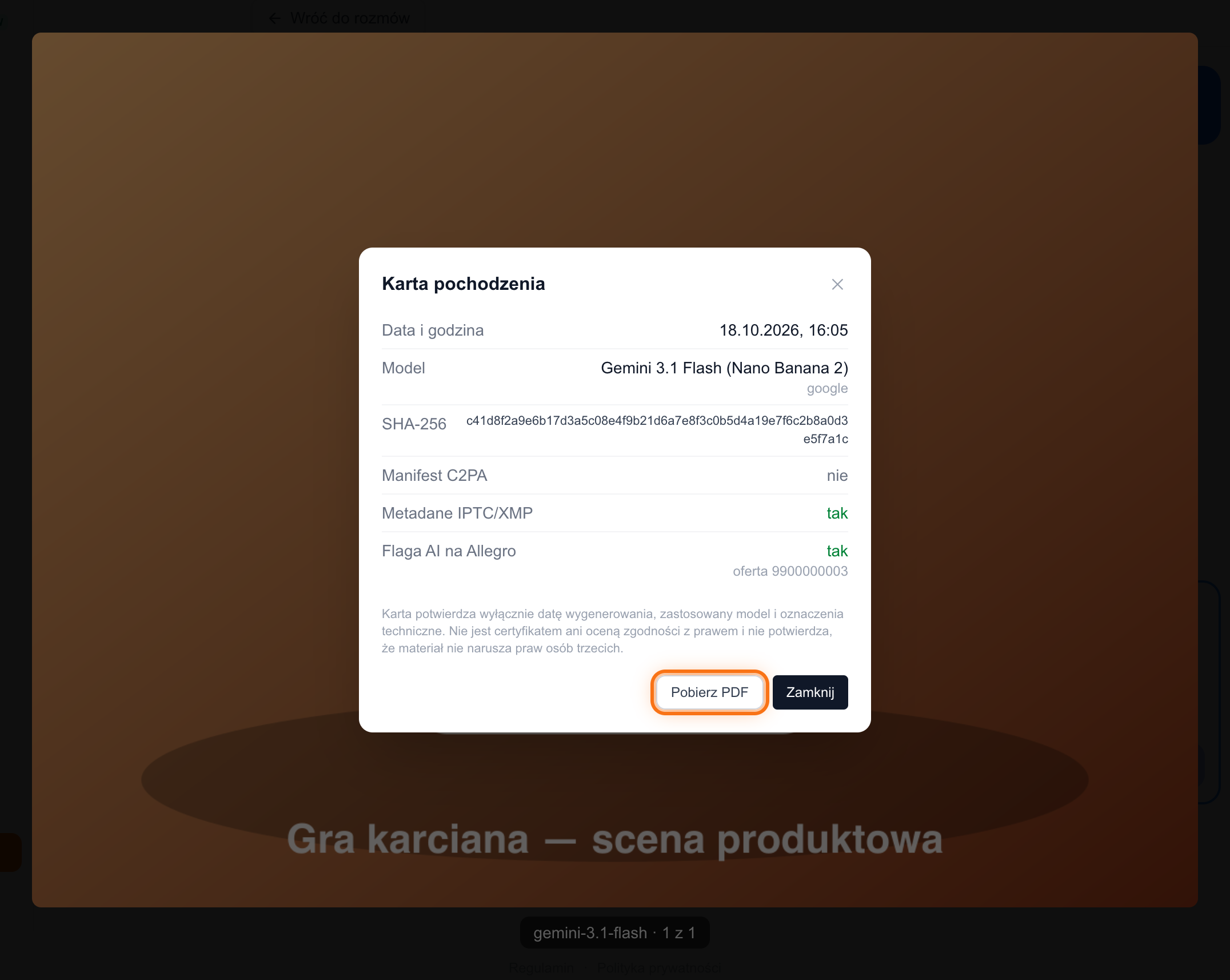 Karta pochodzenia grafiki z datą wygenerowania, modelem i flagą AI