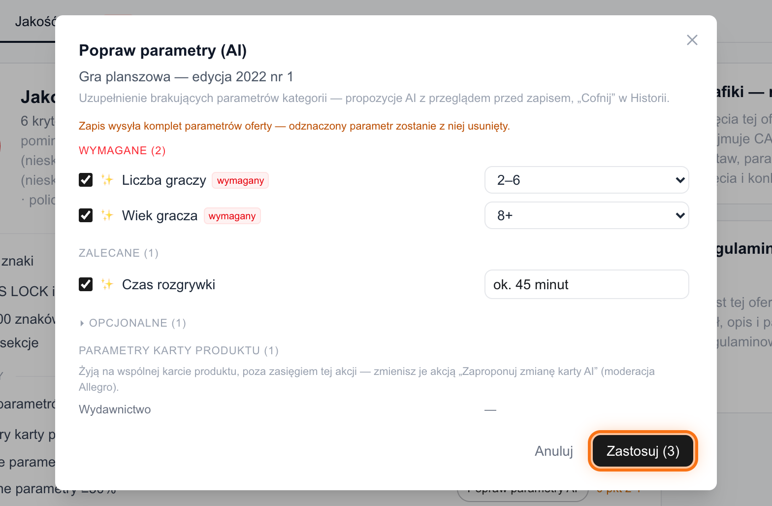 Przegląd propozycji parametrów z sekcjami wymagane, zalecane i opcjonalne