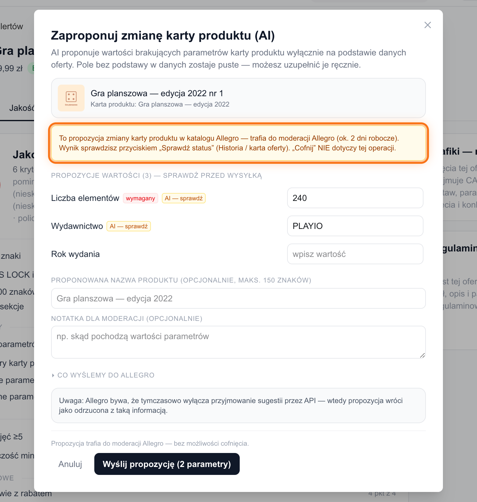 Propozycja zmiany karty produktu z informacją o moderacji Allegro