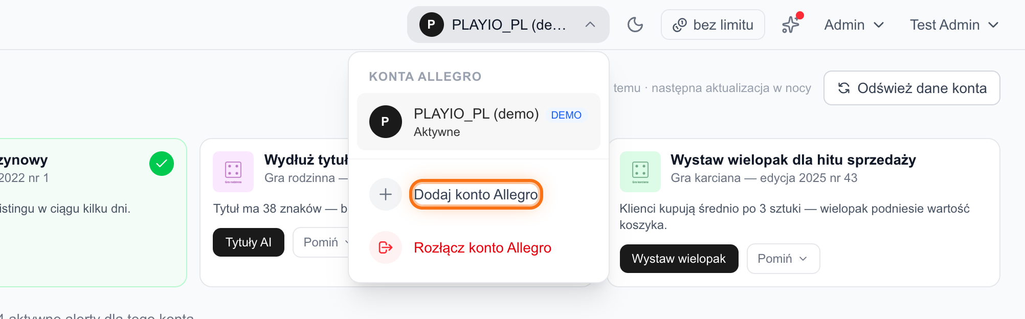 Rozwinięty przełącznik kont Allegro na górnej belce z pozycją Dodaj konto Allegro