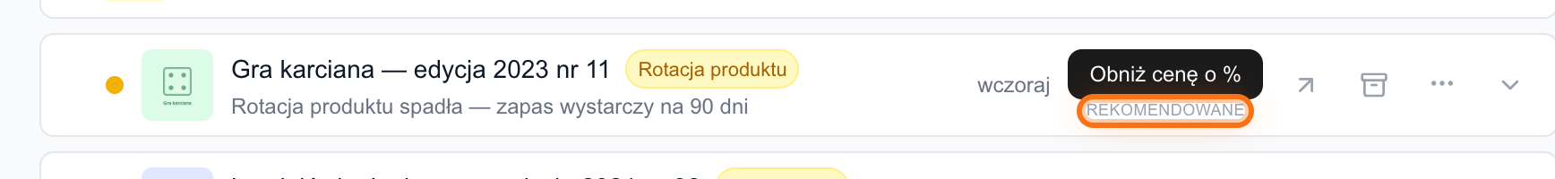 Karta powiadomienia Audytora z akcją oznaczoną plakietką Rekomendowane