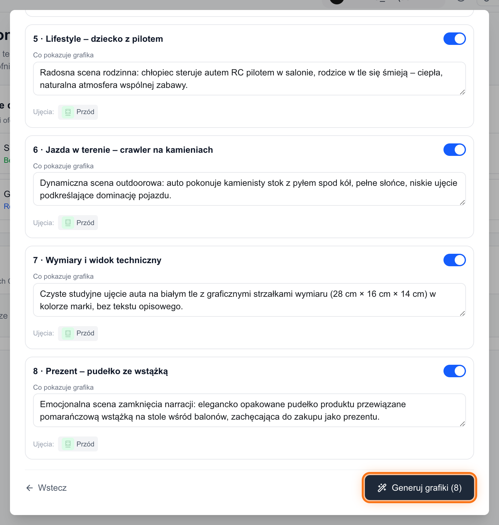 Strategia opisu z podsumowaniem oferty i edytowalnymi sekcjami przed generacją