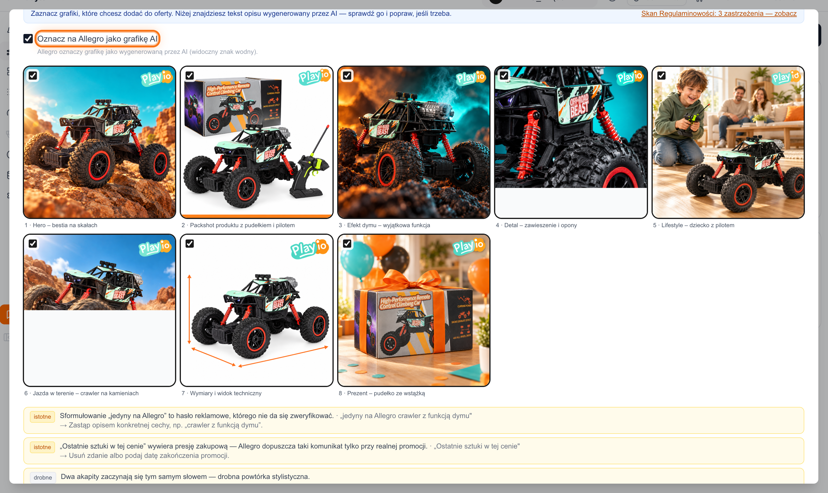 Wyniki Rich Content AI: wybór grafik, skan Regulaminowości i oznaczenie AI