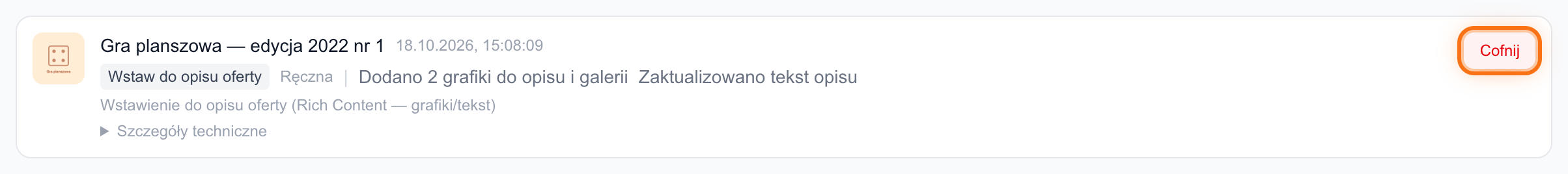 Wpis Historii Audytora po wstawieniu Rich Content z przyciskiem Cofnij