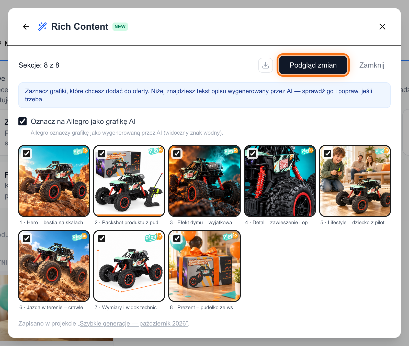 Wyniki Rich Content: siatka wygenerowanych grafik z wyborem wariantów do opisu