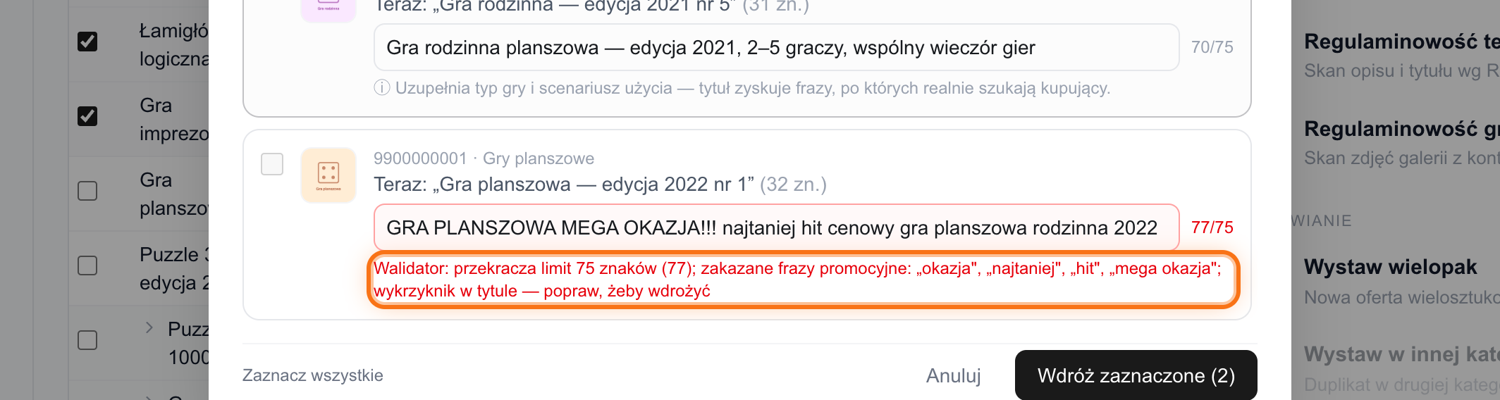 Przegląd propozycji tytułów z komunikatem walidatora przy jednym z wierszy