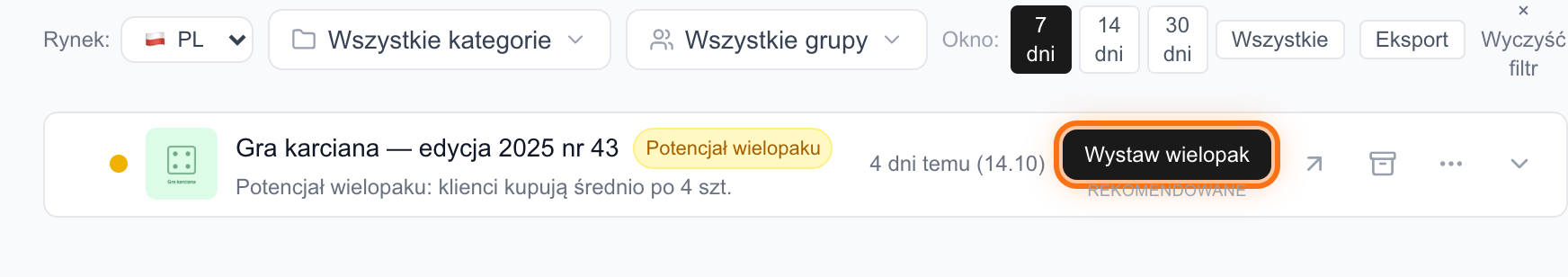 Karta powiadomienia Potencjał wielopaku z przyciskiem Wystaw wielopak