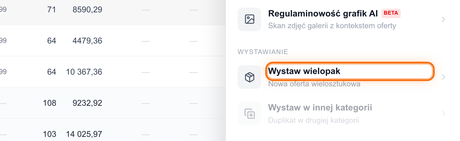 Kafel Wystaw wielopak w panelu akcji przy zaznaczonych ofertach