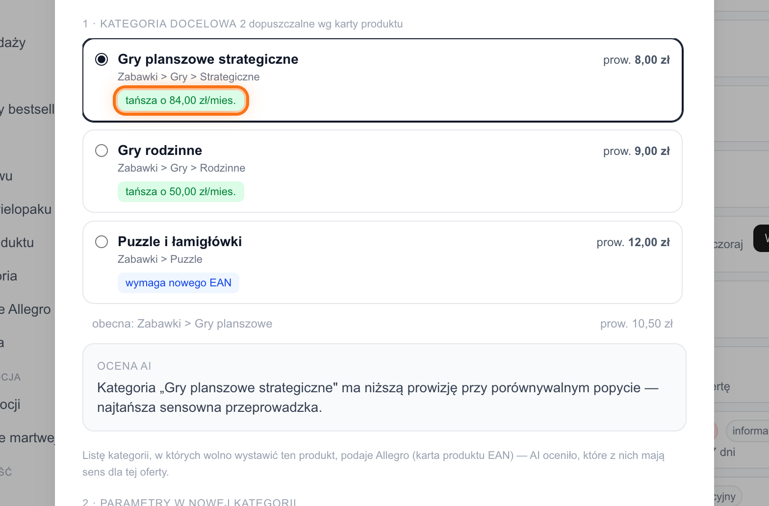 Lista kategorii-kandydatek z prowizjami i oceną AI