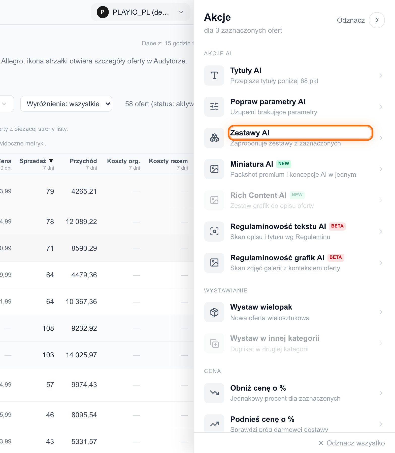 Panel akcji w widoku Oferty z kaflem Zestawy AI przy zaznaczonych ofertach