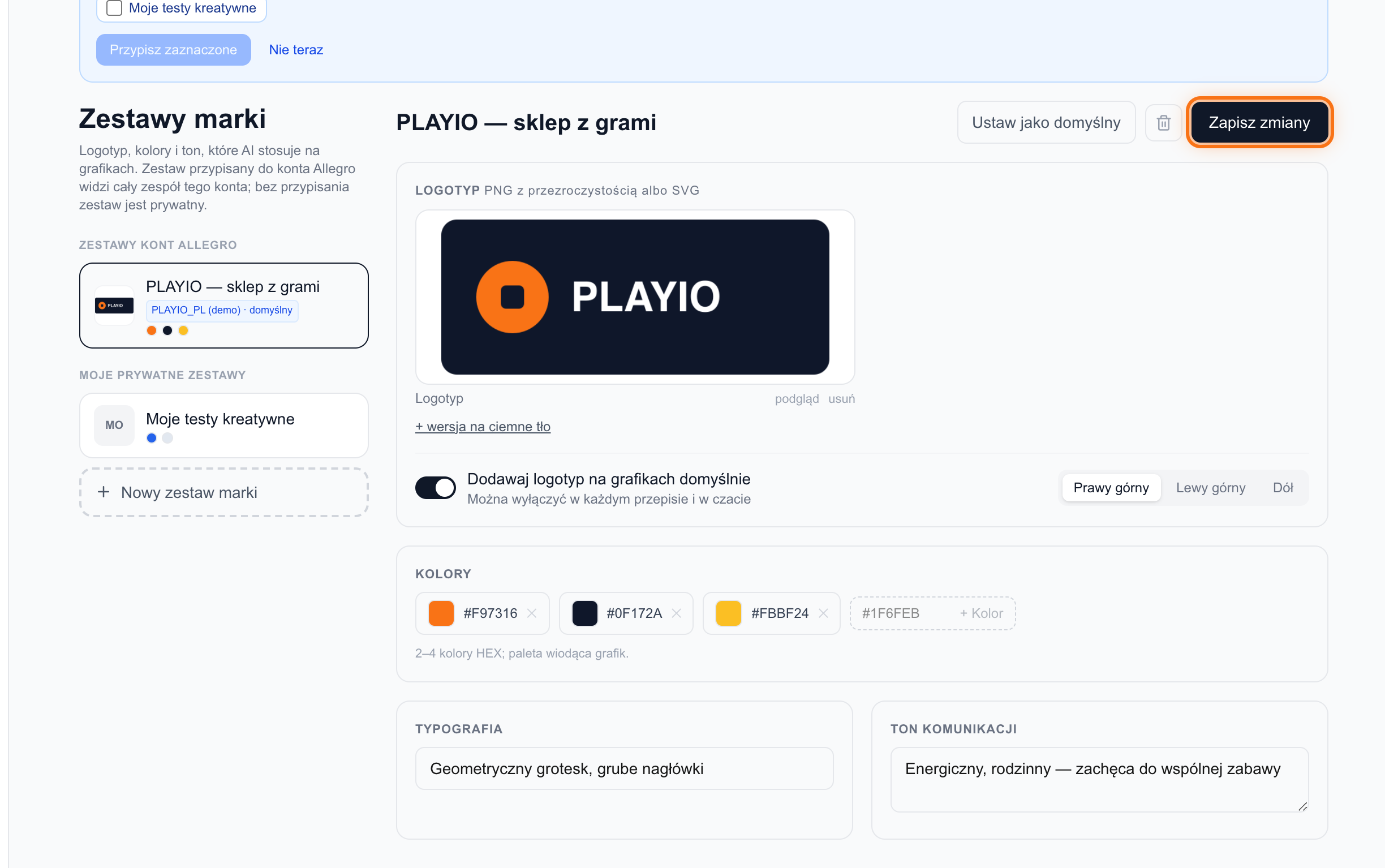 Edytor zestawu marki z logotypem, kolorami i przypisaniem do kont Allegro